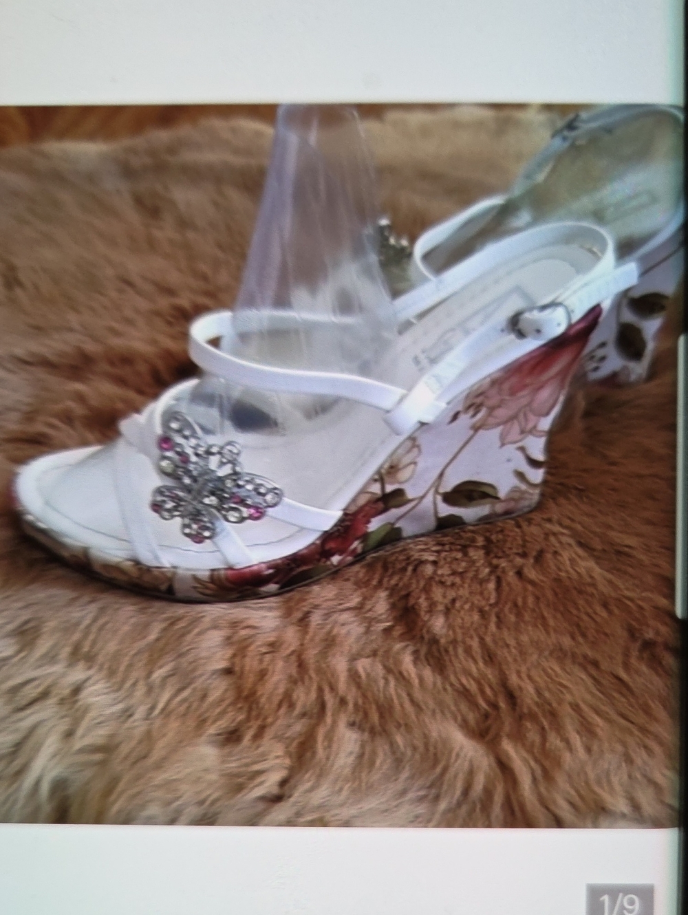 White Floral Wedge Sandals with Crystal Accent